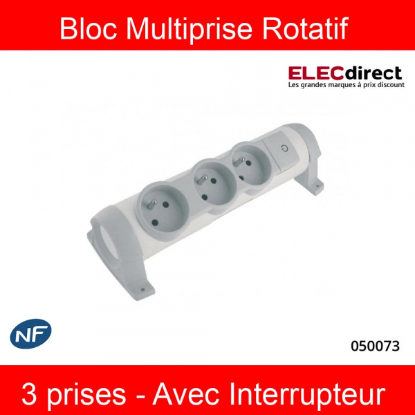 Legrand - Bloc Multiprise Rotatif - Avec Interrupteur - 3 prises - Sans  câble - Blanc/Gris - Réf : 050073 - ELECdirect Vente Matériel Électrique