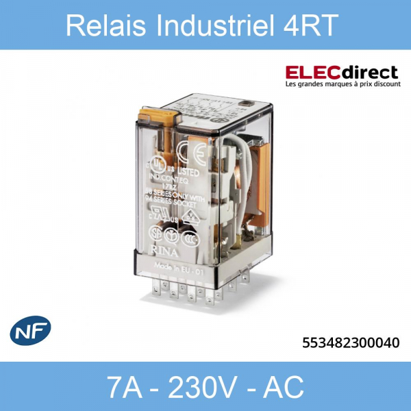 Finder - Relais Industriel 4RT - 7A - 230V - AC - Réf : 553482300040 -  ELECdirect Vente Matériel Électrique