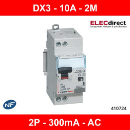 Legrand -Disjoncteur différentiel DX³4500 - VIS/VIS - U+N 230V - 10A -  type AC - 300mA - 2M - Réf : 410724