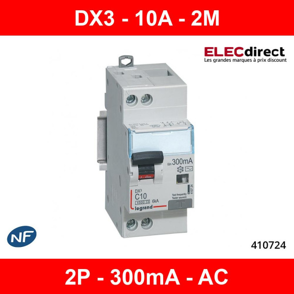 Legrand -Disjoncteur différentiel DX³4500 - VIS/VIS - U+N 230V - 10A -  type AC - 300mA - 2M - Réf : 410724