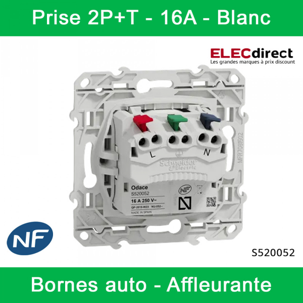 Schneider - Prise de courant Odace affleurante - Blanc - 2P+T - 16A - 250V - Bornes auto - Réf : S520059