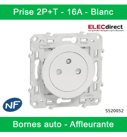 Schneider - Prise de courant Odace affleurante - Blanc - 2P+T - 16A - 250V - Bornes auto - Réf : S520059