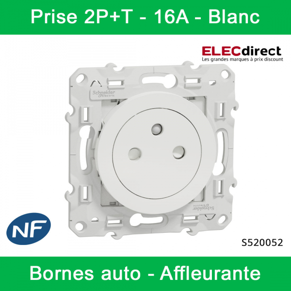 Schneider - Prise de courant Odace affleurante - Blanc - 2P+T - 16A - 250V - Bornes auto - Réf : S520059