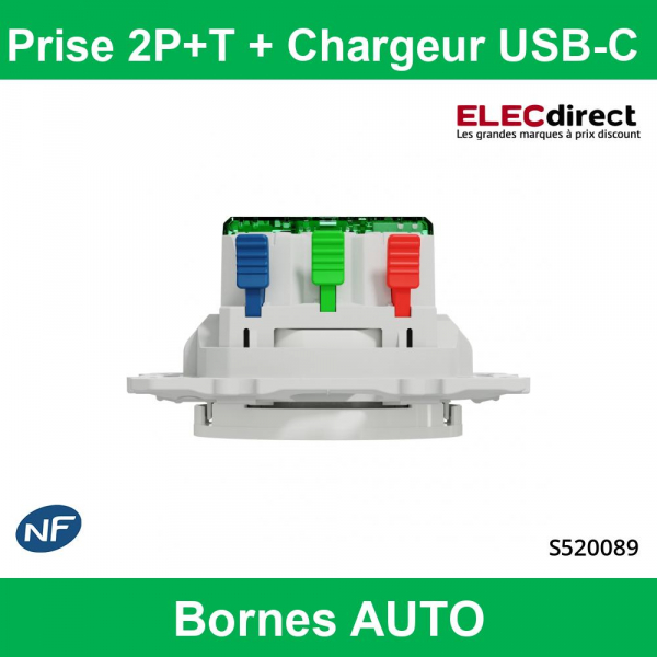 Schneider - Odace - Prise de courant Affleurante + USB Type C Complète - Réf : LOt3070