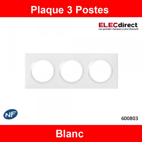 Legrand - Plaque de Finition carrée 3 postes Dooxie - finition Blanc - Réf  : 600803 - ELECdirect Vente Matériel Électrique