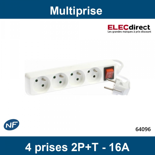 Eur'Ohm - Bloc multiprise avec interrupteur I/O - 4 Prises - Blanc - Câble  1.5m - Réf : 64096 - ELECdirect Vente Matériel Électrique