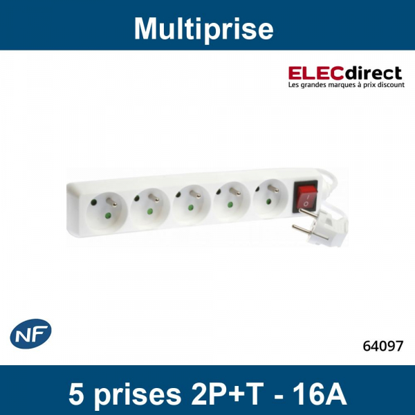 Eur'Ohm - Bloc multiprise avec interrupteur I/O - 5 Prises - Blanc - Câble  4 m - Réf : 64067 - ELECdirect Vente Matériel Électrique