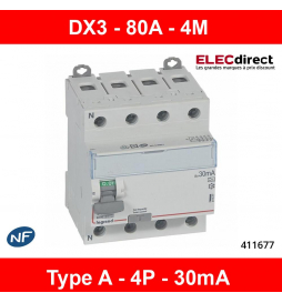LEGRAND - Interrupteur différentiel DX3-ID 4P 80A - 30mA - A - Réf : 411677