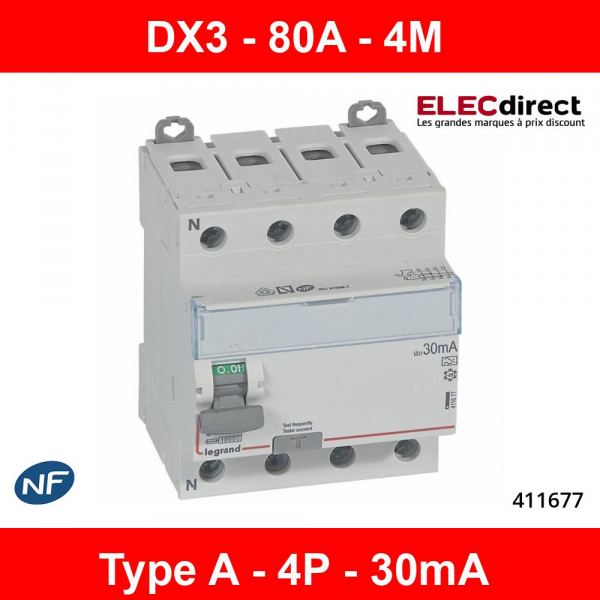 LEGRAND - Interrupteur différentiel DX3-ID 4P 80A - 30mA - A - Réf : 411677