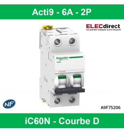 Schneider - Acti9-IC60N Disjoncteur 2P - 6A Courbe D - Réf : A9F75206