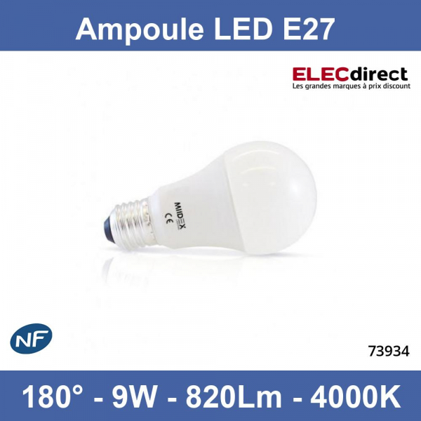 Miidex - Ampoule LED E-27 - LED 9W - F - Angle 200° - 4000K - 820lm - Réf :  VIS73934 - ELECdirect Vente Matériel Électrique