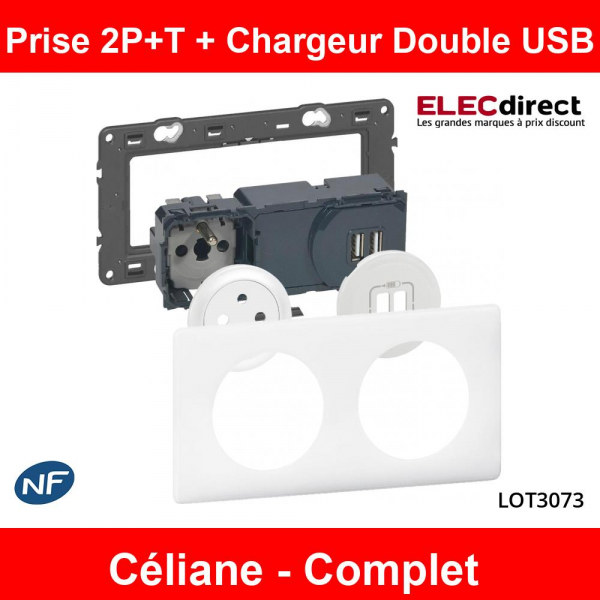 Prise 2p+t et prise double usb blanc mosaic