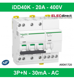 Schneider - Acti9 iDD40K - Disjoncteur Différentiel - 3P+N C 20A 4500A/4,5A 30mA type AC - Réf : A9DK1720