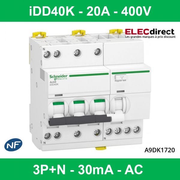 Schneider - Acti9 iDD40K - Disjoncteur Différentiel - 3P+N C 20A 4500A/4,5A 30mA type AC - Réf : A9DK1720