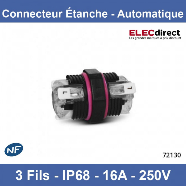 Miidex - Connecteur Étanche automatique - 3 fils - Monobloc - IP68 - 250V -  16A - Noir - Réf : 72130 - ELECdirect Vente Matériel Électrique