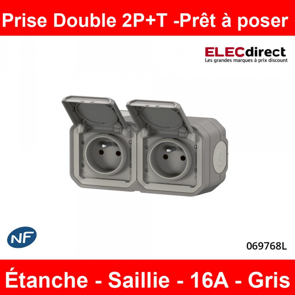 Legrand - Double prise de courant Plexo prêt à poser - 2 x 2P+T - Horizontale - IP55 - Réf : 069768L