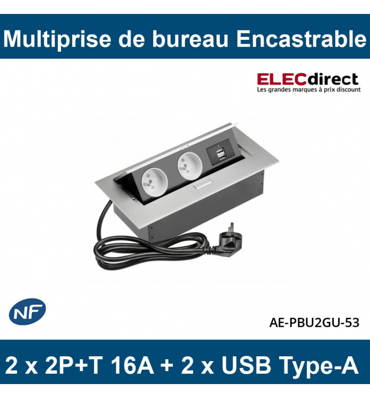 GTV Lighting - Multiprise encastrable rectangulaire - 2 x 2P+T + 2 x USB  Type-A - Réf : AE-PBU2GU-53 - ELECdirect Vente Matériel Électrique