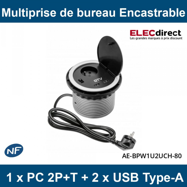 Bloc multiprise encastrable compact LED 3 prises 16A 2P+T & 2x USB -  Finition Inox 