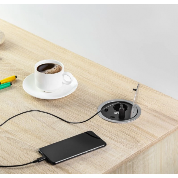 GTV Lighting - Multiprise encastrable CHARGER Ø100 - 1 x PC 2P+T + 2 x USB Type-A - Réf.: AE-BPW1U2UCH-80