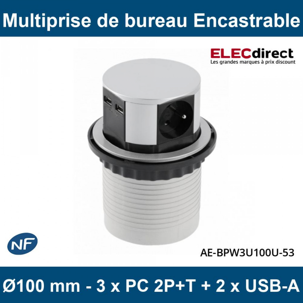 GTV Lighting - Multiprise encastrable COMFORT Ø100 - 3 x 2P+T + 2 x USB-A -Réf.: AE-BPW3U100U-53