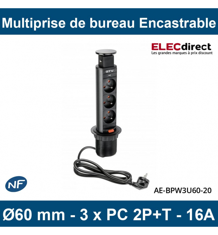 GTV Lighting - Multiprise Encastrable fi60 - 3 x PC 2P+T - Noir - Ronde -  Ø60 mm - Réf : AE-BPW3U60-20 - ELECdirect Vente Matériel Électrique