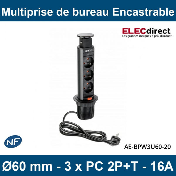 GTV Lighting - Multiprise Encastrable fi60 - 3 x PC 2P+T - Noir - Ronde -  Ø60 mm - Réf : AE-BPW3U60-20 - ELECdirect Vente Matériel Électrique