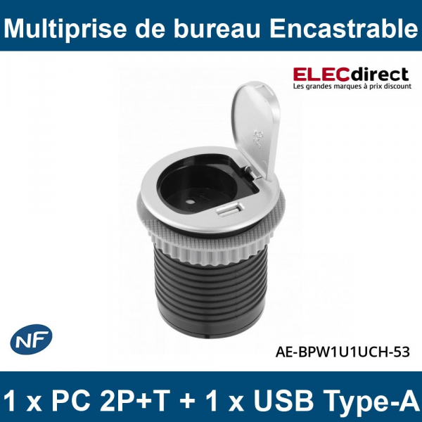 GTV Lighting - Multiprise encastrable CHARGER MINI Ø60 - PC 2P+T + USB-A -  Aluminium - IP20 - Réf : AE-BPW1S1UCH-53 - ELECdirect Vente Matériel  Électrique