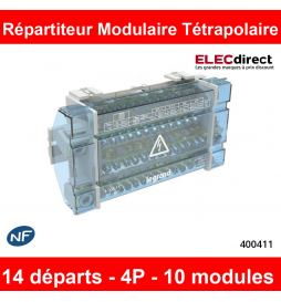 Legrand - Répartiteur modulaire à barreaux étagés tétrapolaire - 160A - 4P - 14 départs - 10 modules - Réf : 400411