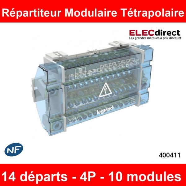 Legrand - Répartiteur modulaire à barreaux étagés tétrapolaire - 160A - 4P - 14 départs - 10 modules - Réf : 400411
