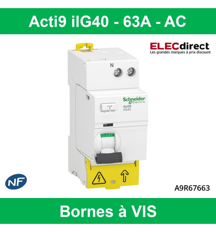 Schneider Electric Acti9 IIG40 Interrupteur Différentiel 1P+N 63A 30mA Type A SI - A9R87663