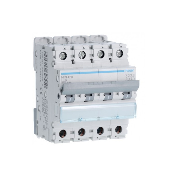 Hager - Disjoncteur 4P - 400V - 6-10kA - Courbe C - 20A 4m - Réf : NFN420