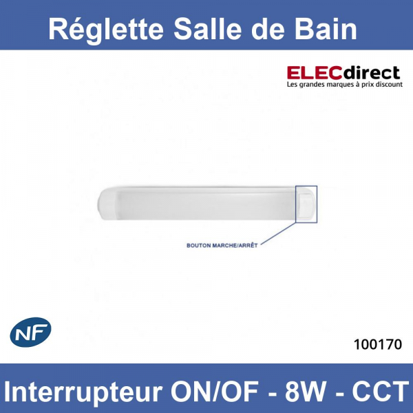 Réglette LED Salle de Bain Interrupteur ON/OFF + Prise AC220/240V 8W 1100lm  120°