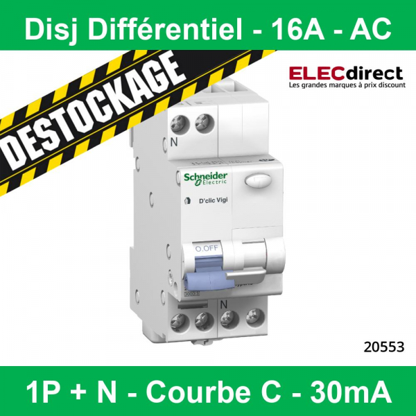 Schneider - Acti9 - Disjoncteur différentiel départ 20A - iDDT40T - 6kA -  courbe C - 1P+N - 30mA - Réf : A9DA2620 - ELECdirect Vente Matériel  Électrique