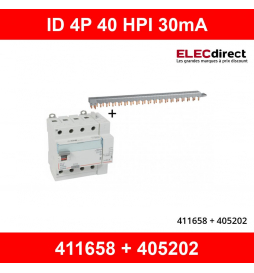 LEGRAND - Interrupteur différentiel DX3-ID 4P 40A - 30mA - HPI + peigne HX3 18M - 411658+405202