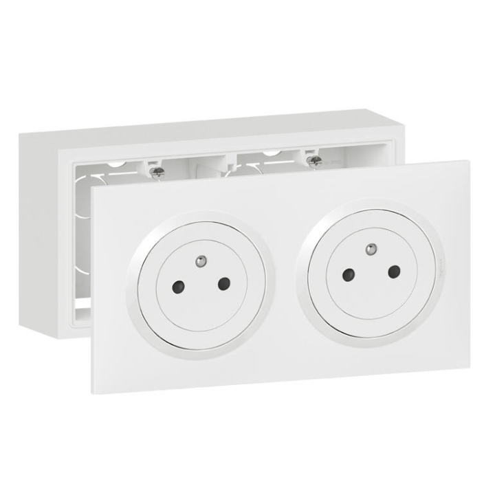 Legrand - Dooxie - Cadre saillie 2 postes + Prise 2P+T double pré-câblé + Plaque - Blanc - Ref. : 600042 + 600332+ 600802