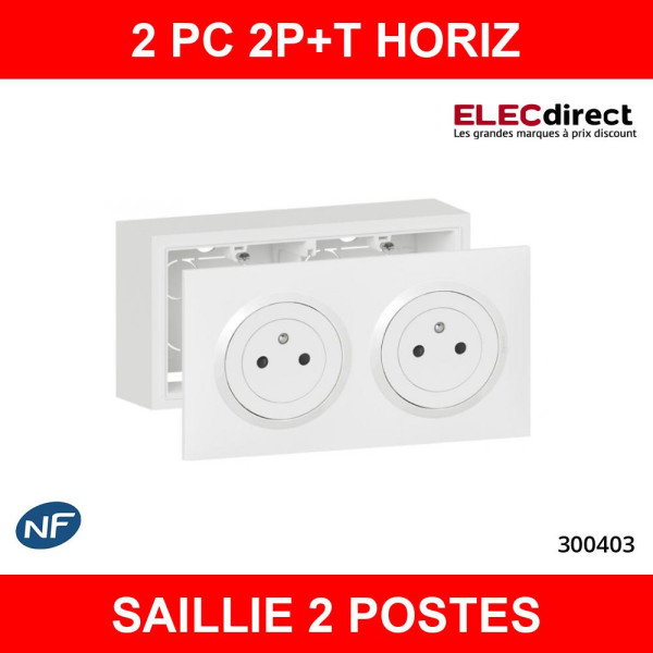 Legrand - Dooxie - Cadre saillie 2 postes + Prise 2P+T double pré-câblé + Plaque - Blanc - Ref. : 600042 + 600332+ 600802
