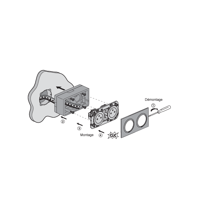 Legrand - Dooxie - Cadre saillie 2 postes + Prise 2P+T double pré-câblé + Plaque - Blanc - Ref. : 600042 + 600332+ 600802