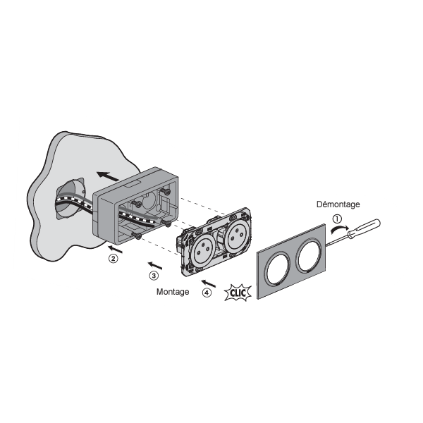 Legrand - Dooxie - Cadre saillie 2 postes + Prise 2P+T double pré-câblé + Plaque - Blanc - Ref. : 600042 + 600332+ 600802