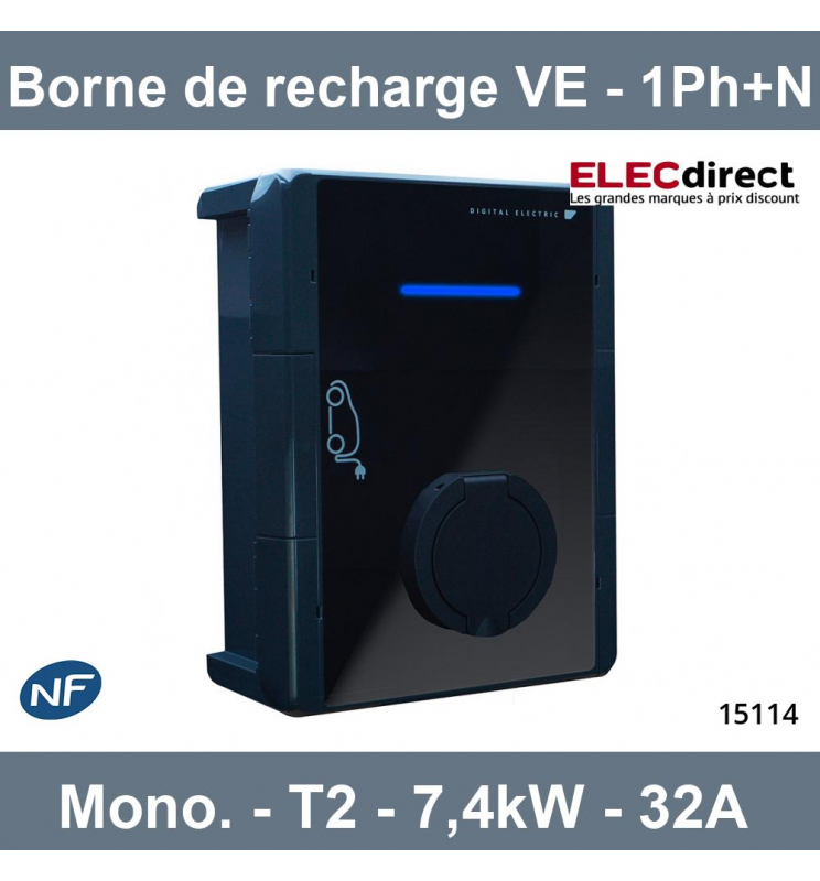 Digital Electric - Borne de recharge véhicule électrique + Prise - Monophasé  - Ph+N 7,4kW / 32A - Réf. : 15114 - ELECdirect Vente Matériel Électrique