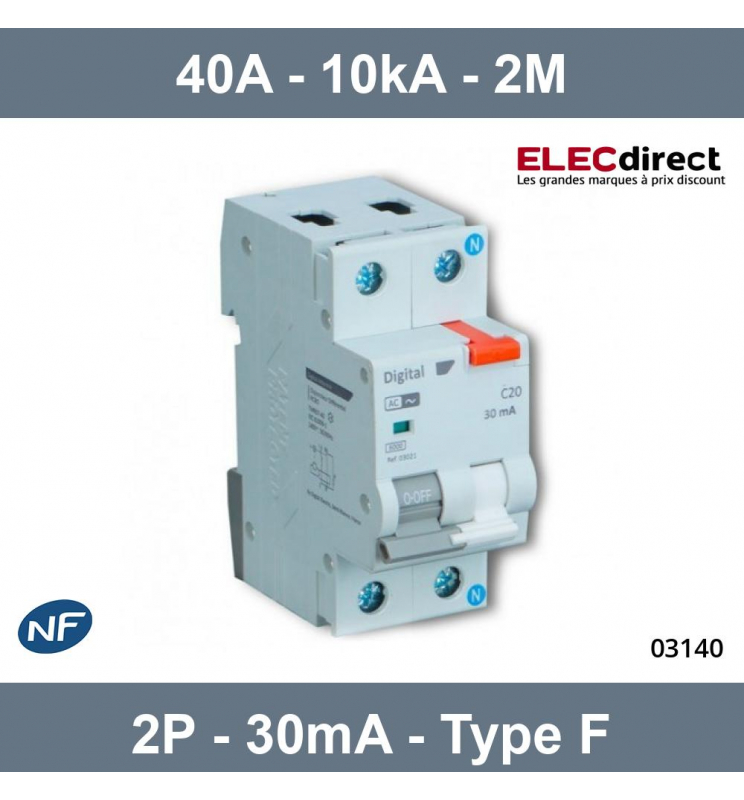 Digital Electric - Disjoncteur Différentiel 2P - 40A - 30mA Type F - 10kA -  Réf : 03140 - ELECdirect Vente Matériel Électrique