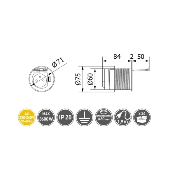 GTV Lighting - Multiprise encastrable CHARGER MINI Ø60 - PC 2P+T + USB-A -  Aluminium - IP20 - Réf : AE-BPW1S1UCH-53 - ELECdirect Vente Matériel  Électrique