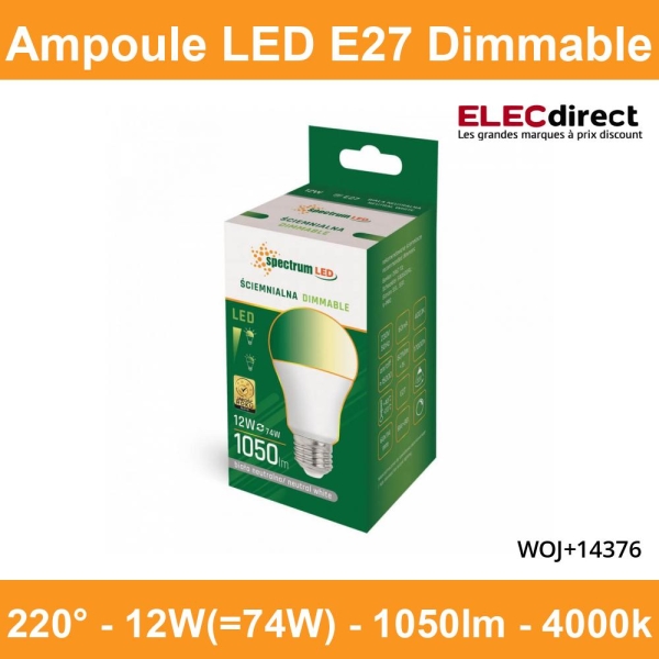 Spectrum - Ampoule LED E-27 - LED GLS 12W - Angle 220° - 4000K