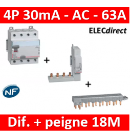 LEGRAND - Interrupteur différentiel DX3-ID 4P 63A - 30mA - AC + module 4P - 411662+406301+405202