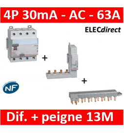 LEGRAND - Interrupteur différentiel DX3-ID 4P 63A - 30mA - AC + module 4P - 411662+406301+405201