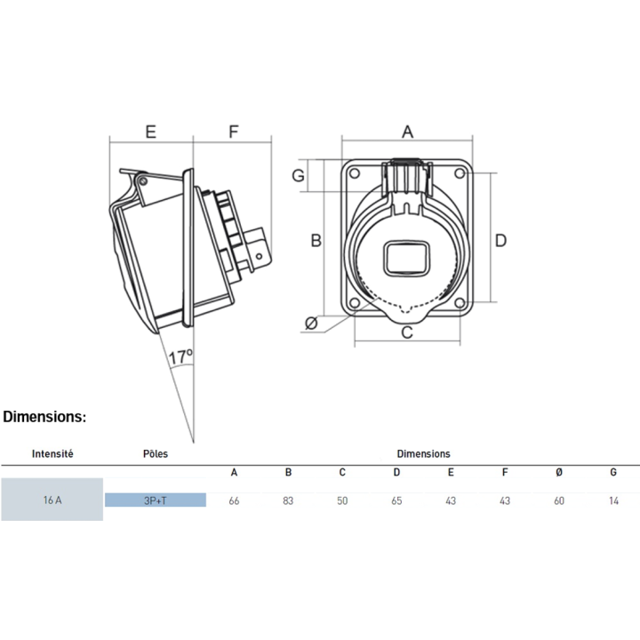 Digital - Prise de Courant Européenne 3P+T 16A - 380V IP 44 - 51112 (03302)