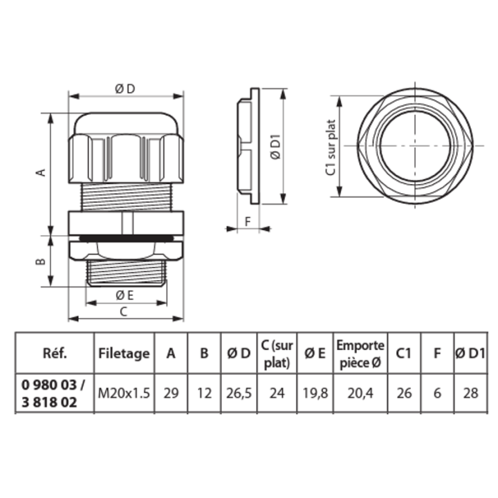 Legrand - Presse-étoupe plastique - IP68 - ISO 20 - RAL 7001 - 098003