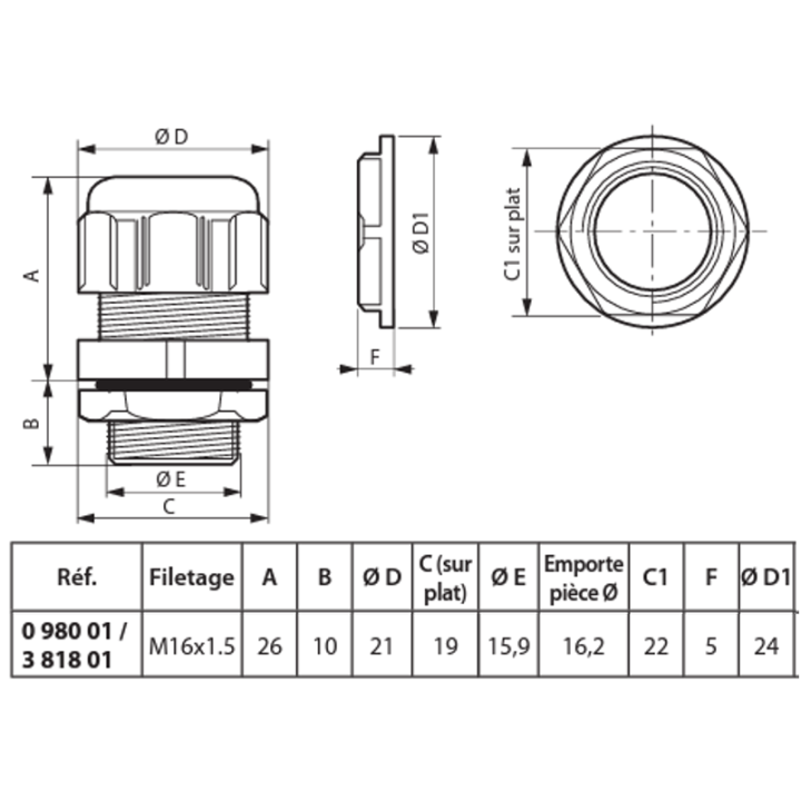 Legrand - Presse-étoupe plastique - IP68 - ISO 16 - RAL 7001 - 098001