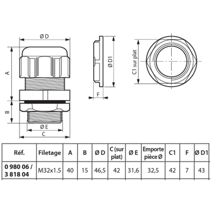 Legrand - Presse-étoupe plastique - IP68 - ISO 32 - RAL 7001 - 098006