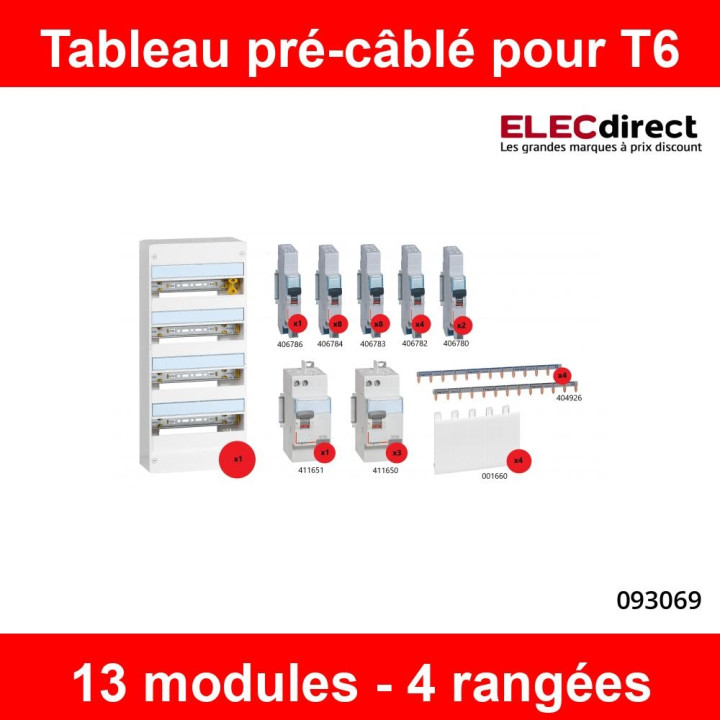 Legrand- Tableau électrique pré-équipé et pré-câblé pour T6 - 13 modules - 4 Rangées - Réf: 093069
