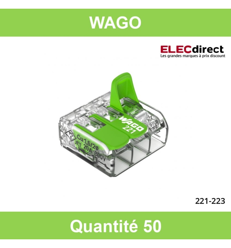 WAGO Lot de 5 bornes automatiques à levier, 2,5 mm² pour rigide et